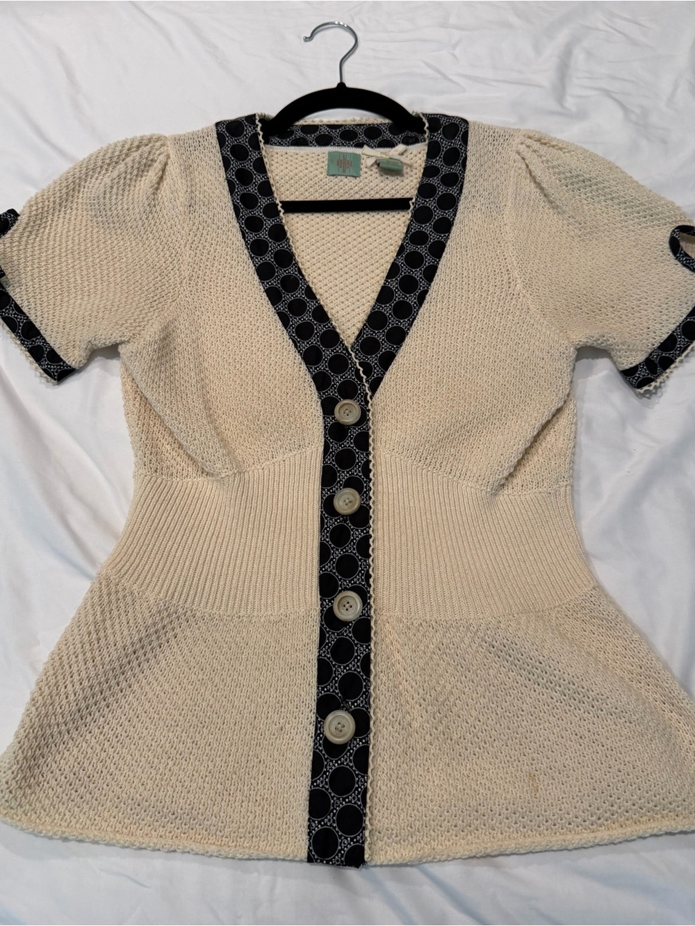 Eileen Fisher Cream Short-Sleeve Knit Cardigan with Black Trim